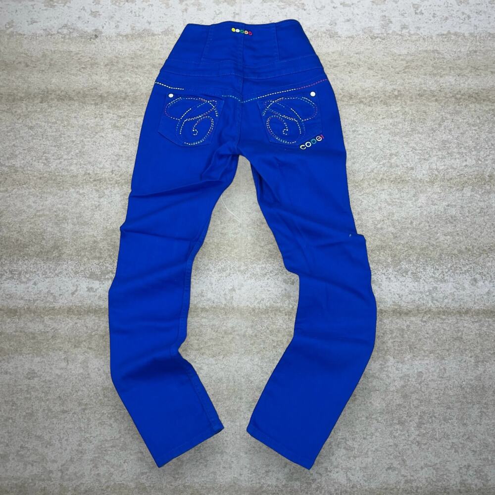 Vintage Y2K Coogi Jeans 30x30 High Waisted Royal Blue Multicolor Embroidery